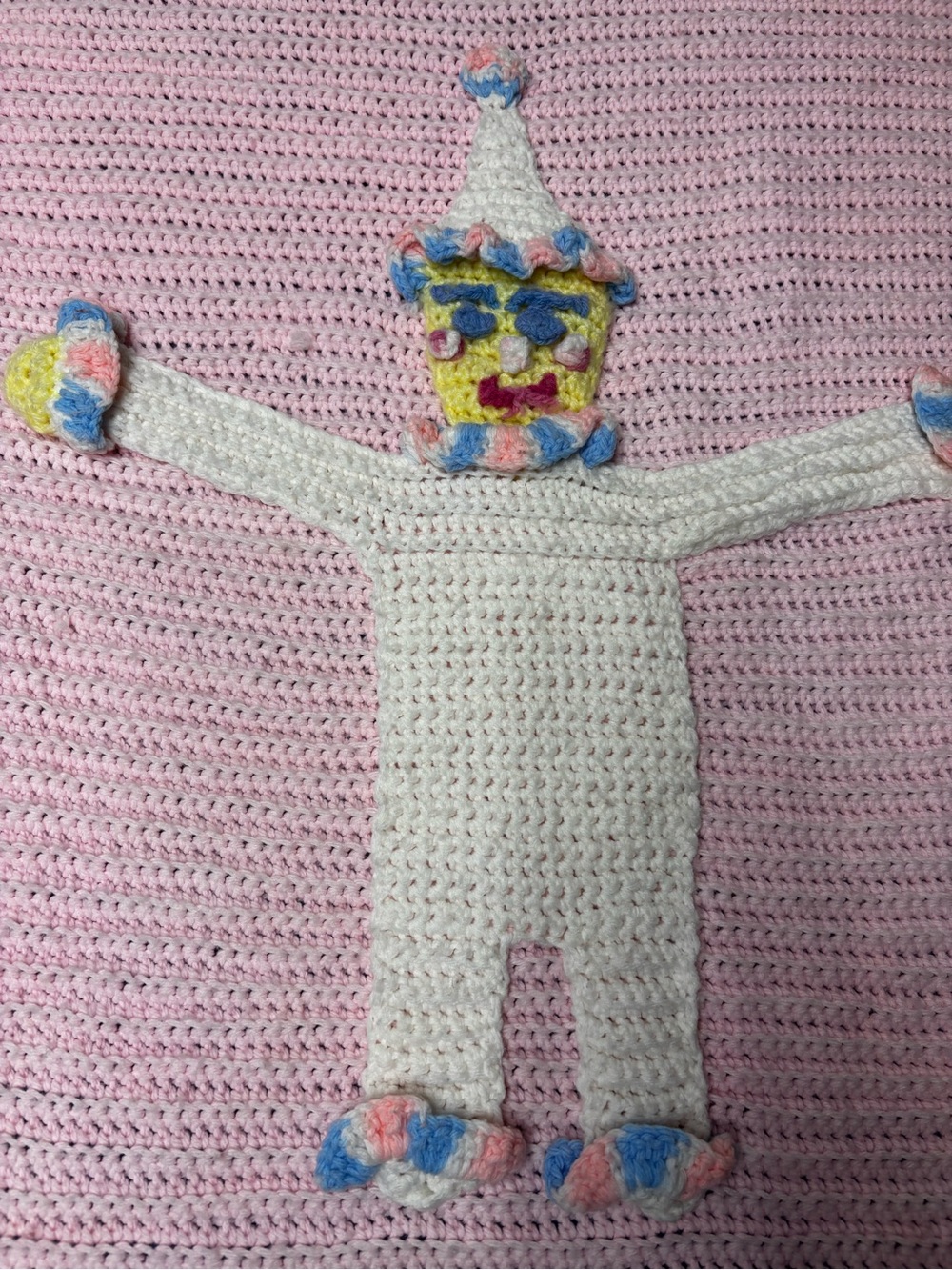Handmade Crochet Clown Baby Blanket Pink Blue Pastel Circus Nursery Throw 42x45